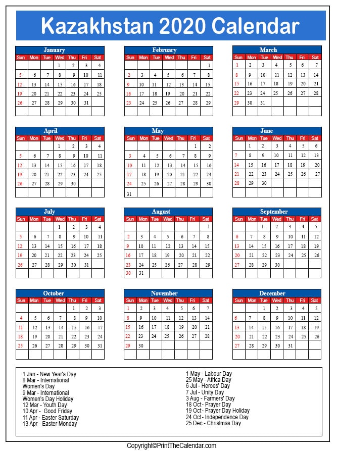 Zambia Printable Calendar 2020
